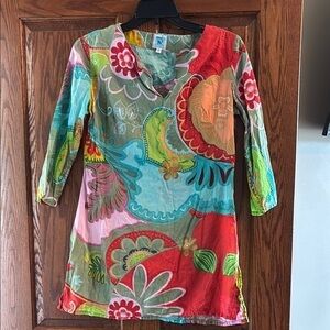 Karma living Colorful Floral mid sleeve 100% cotton v neck dress Small